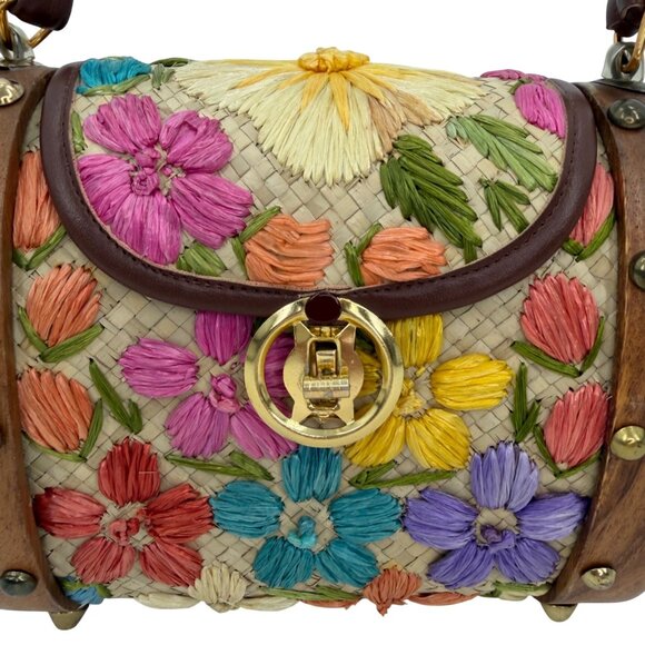FLORAL WOVEN STRAW & WOOD FLORAL PATTERN GOLD METAL PURSE BAG VACATION - Picture 2 of 11
